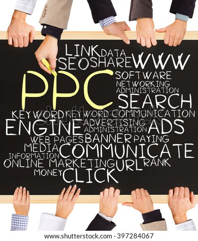 Photo of business hands holding blackboard and writing PPC concept