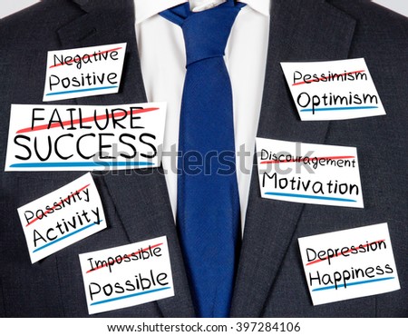 Photo of business suit and tie with FAILURE SUCCESS concept paper cards