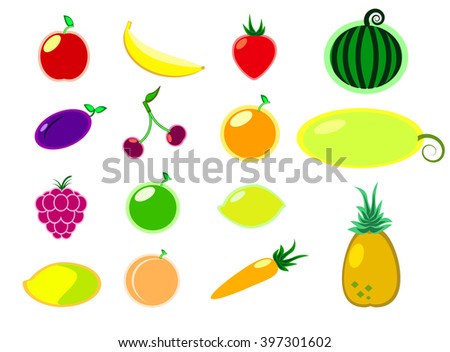Fruit and vegetables flat style vector illustration, set of summer fruits clipart, colorful fruits isolated on white background vector illustration, fruit pictogram, fruit icon, apple, berries, mango