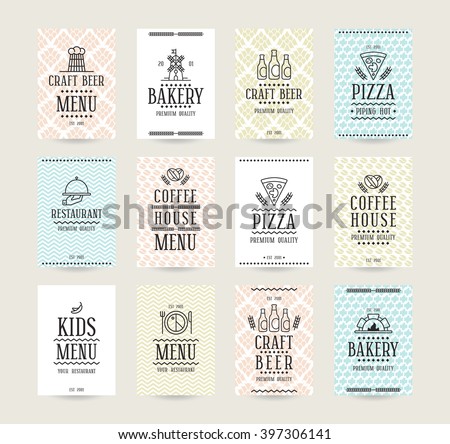 Set of vector poster templates for bakery, cafe, restaurant, pizzeria and craft beer