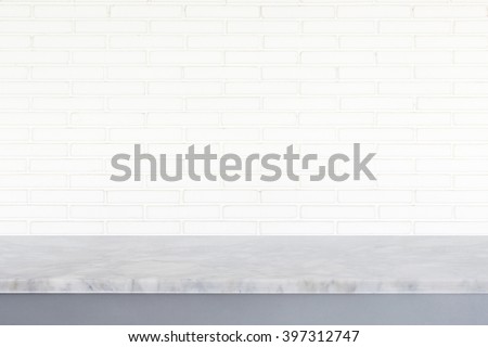 Empty top of stone table on white brick wall background. For product display