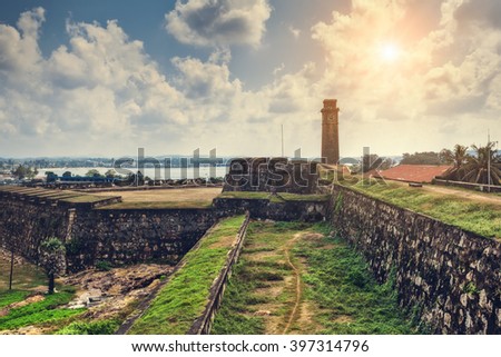 City clock tower in the town of Galle in Sri Lanka. Galle - the largest city and port in the south of Sri Lanka, the capital of the southern province and a popular tourist destination Royalty-Free Stock Photo #397314796