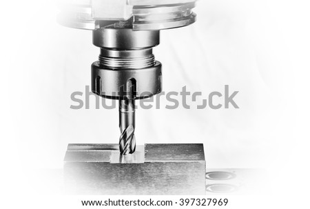 cnc milling machine - spindle with cutter, Version: monochrome on a white background, "Dreamy" display with white borders