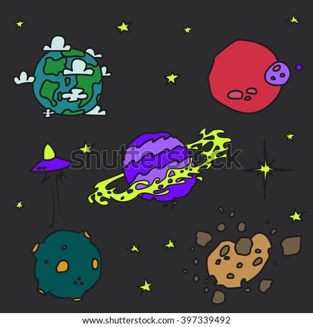 Colorful vector hand drawn doodles cartoon set of Space objects.