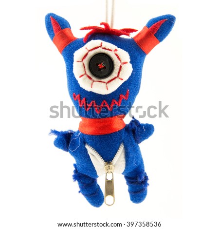 cute furry monster isolated on white background / blue and red children halloween toy / cartoon comic animal / happy birthday gift and present / clipping postcard and card doll