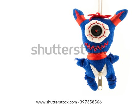 cute furry monster isolated on white background / blue and red children halloween toy / cartoon comic animal / happy birthday gift and present / clipping postcard and card doll