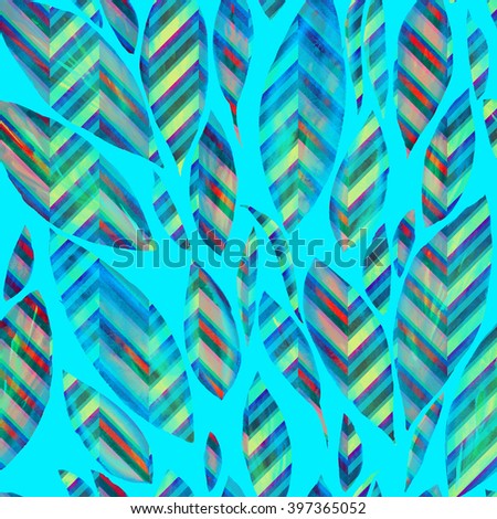 Blue leaves background with colorful zig zag ornament. Watercolor painting leaves on a geometric background. Floral seamless pattern.
