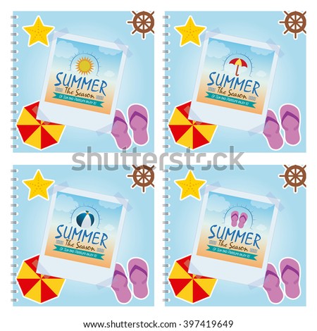 Set of summer photos with different summer objects on colored backgrounds