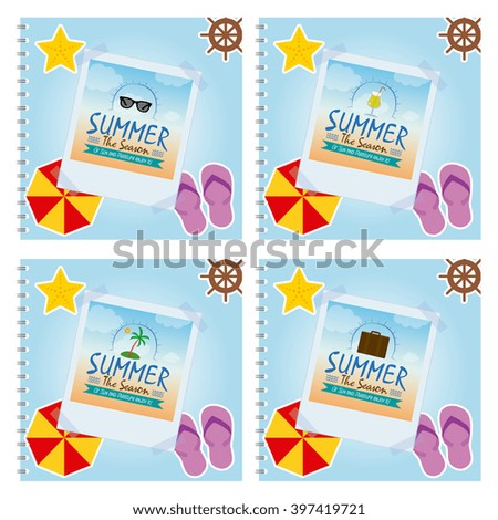 Set of summer photos with different summer objects on colored backgrounds