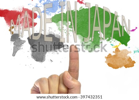 made in JAPAN written World map in picture paints multicolor style on white 