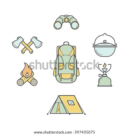 Equipment for tourism. Line color icons: backpack, tent, campfire, crossed axes, kettles, binoculars and torch.