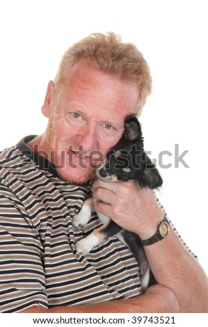 Big boss and his little doggy hugging isolated over white