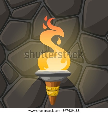 Cartoon torch with flame on stone wall background. Vector illustration.