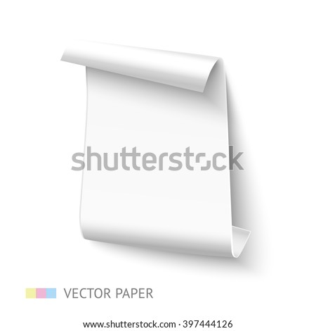 White vertical curved paper sheet banner with rolls isolated on white background. Realistic vector paper ribbon template with shadow for text message