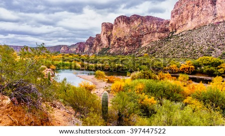 The Salt River and surrounding Mountains in the state of Arizona with fall colored shrubs and trees Royalty-Free Stock Photo #397447522