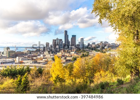 cityscape and skyline of seattle on view from forest