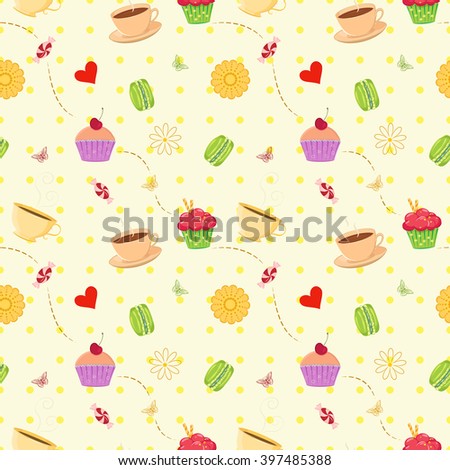 Colorful vector  seamless pattern with hand drawn dessert cupcakes, macaroons, candies and tea cups. Unique and elegant seamless food background with dessert as main theme. Kitchen themed pattern