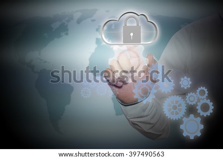 businessman clicks on the touch screen and select the cloud computing. communication. internet concept.