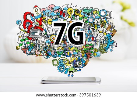 7G concept with smartphone on white table