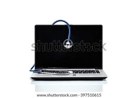 Medical Research, stethoscope on laptop keyboard, doctor workplace