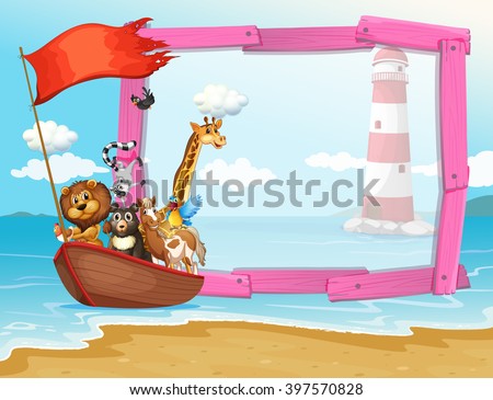 Frame design with wild animals in the boat illustration