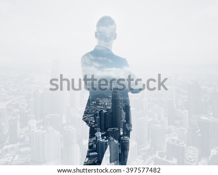 Photo of stylish adult businessman wearing trendy suit and looking city. Double exposure, panoramic view contemporary City background. Horizontal 