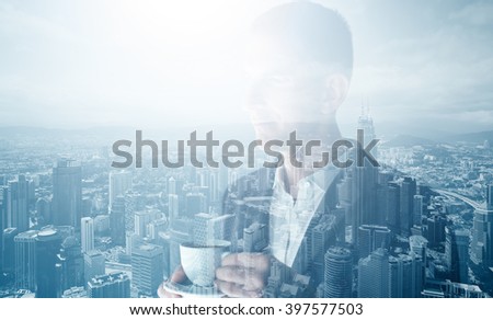 Photo of stylish adult businessman wearing trendy suit and holding cup coffee. Double exposure, panoramic view contemporary city. Horizontal