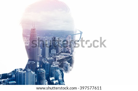 Photo of stylish bearded lawyer wearing trendy suit and looking city. Double exposure, panoramic view contemporary megalopolis background. Space for your business message. Isolated white. Horizontal