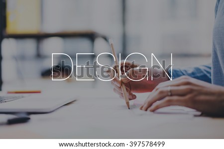 Young architect work project concept. Photo female hands working with new startup in modern loft. Contemporary notebook wood table. Design world. Horizontal mockup, film effect