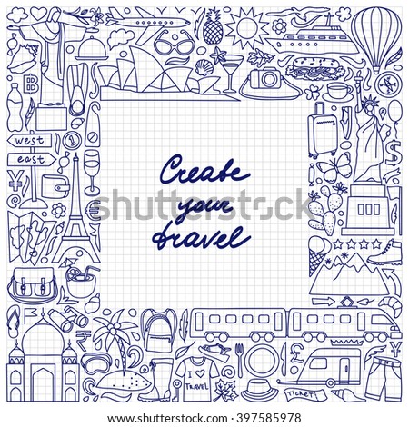 Vector illustration of frame with hand drawn doodle travel elements on squared paper