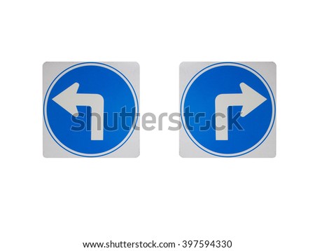 Traffic sign telling, turn left , turn right sign. Arrow on a blue background rectangles. isolated on white background