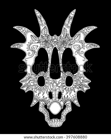 Decorated triceratops skull on black background, unusual zentangle design for day of the dead, page for adult colouring book, black and white patterns