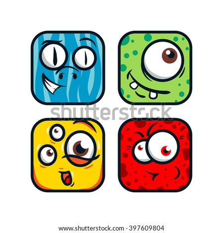 Square cartoon monsters. Funny monsters face. Handdrawn monsters faces.