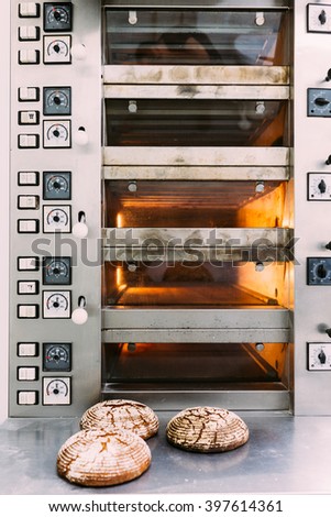 Freshly baked bread outside the oven 