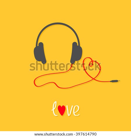 Headphones and red cord in shape of heart. White text love. Flat design icon. Yellow background. Vector illustration