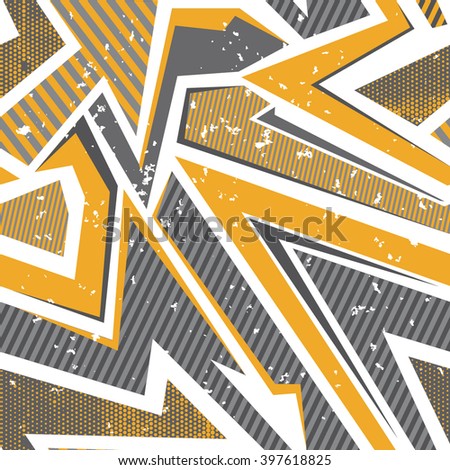 Abstract seamless patter for boys and girls. Modern grunge background with geometric elements. Urban wallpaper in grey and orange colors. Creative design for textile, fabric. 