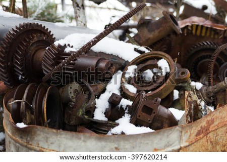 UKRAINE. Chernobyl Exclusion Zone. - 2016.03.20. Old metal parts at the abandonet soviet military base