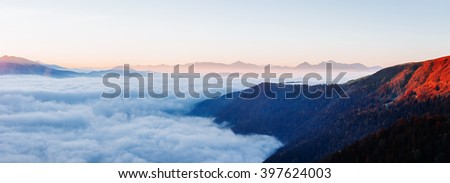 A great view of the hills glowing by sunlight at twilight. Dramatic and picturesque morning scene. Location place: Carpathian national park, Ukraine, Europe. Artistic picture. Beauty world. 