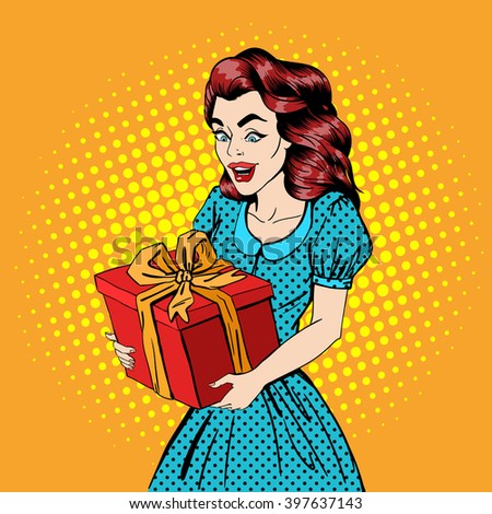 Excited Woman with Big Gift Box. Surprised Girl with Present. Pop Art Banner. Vector illustration
