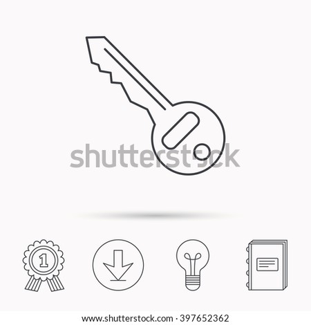 Key icon. Door unlock tool sign. Download arrow, lamp, learn book and award medal icons.