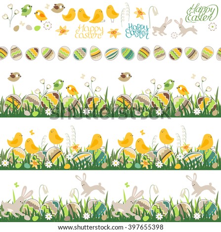 Festive spring seamless pattern brushes. Endless horizontal borders with easter symbols. Painted eggs, spring flowers and chickens. For your design, greeting cards,   fabrics, announcements.