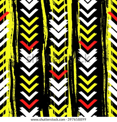 Herringbone striped brushsrokes vector seamless pattern. Ethnic texture with yellow, black, white colors