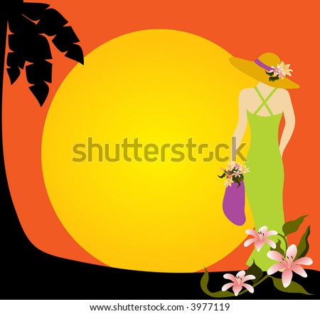 Beach sunset with woman,palm tree and flowers.