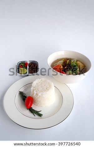 chicken , potato and tomato soup  with rice set , thai food on white background
