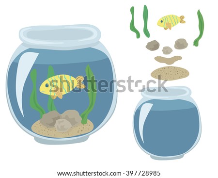 Fishing bowl. Aquarium set of vector elements.