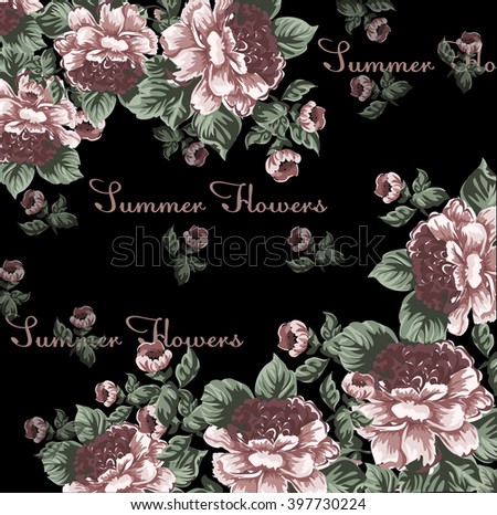 Summer peony flower frame in vintage style on black
