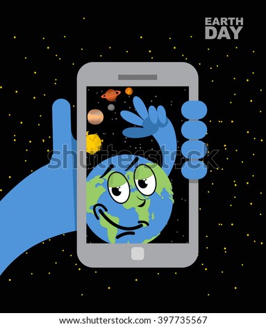 Earth Day. Planet selfie mobile phone photographs themselves. Cheerful poster for holiday. outer space. Jupiter and Mars. Moon and Venus
