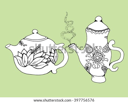 A tea set. Dinner. Decorative cups. Kettle. Line art. Background. Stylized flowers. Leaves. Coffee set. Dishes. Teapot. 