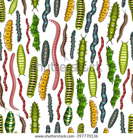 Insects background with pattern of earthworms and butterfly caterpillars, larvae, slugs and hairy centipedes
