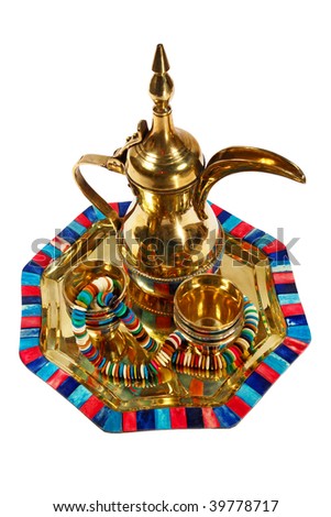 Golden pot & cups. Orient style. Isolated on white.